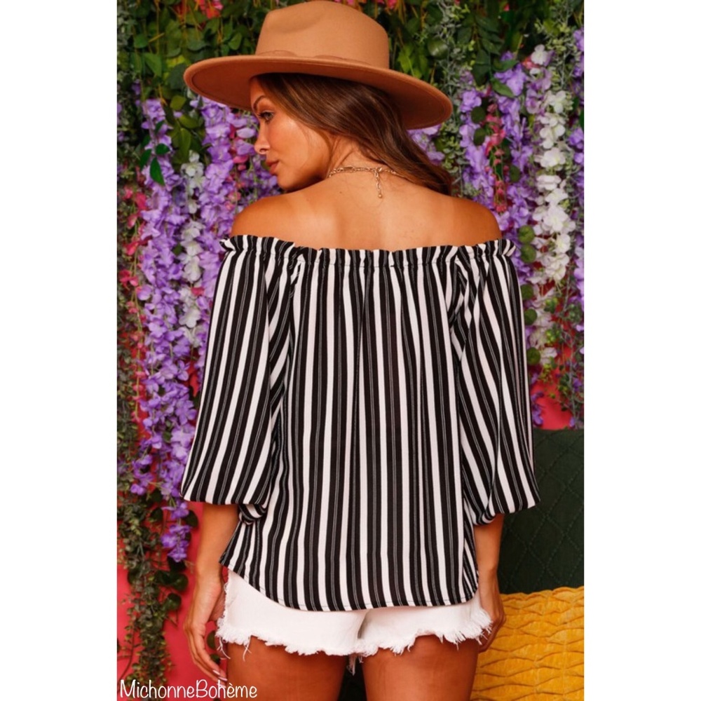 FANTASTIC FAWN Off Shoulder Striped Woven Ruffled Neck Top In Black & Cream - Picture 4 of 9